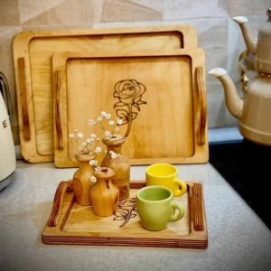 سینی سه عددی چوبی گل رز